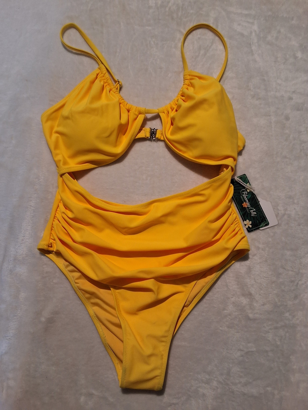 Girls' Yellow Cutout Bikini Swimsuit with Ruched Detail